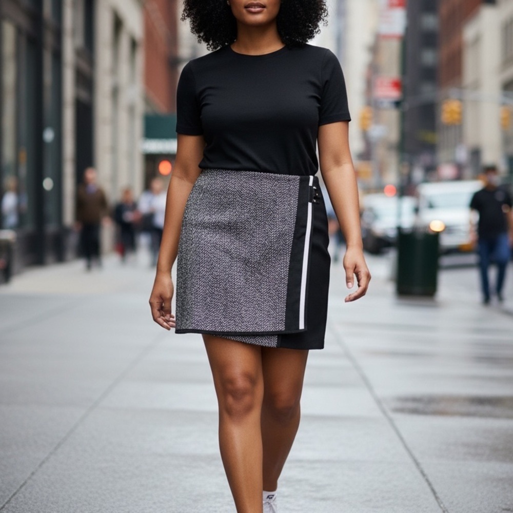 White House Black Market Asymmetrical Black &!White Skirt With Side Buckle Sz 10